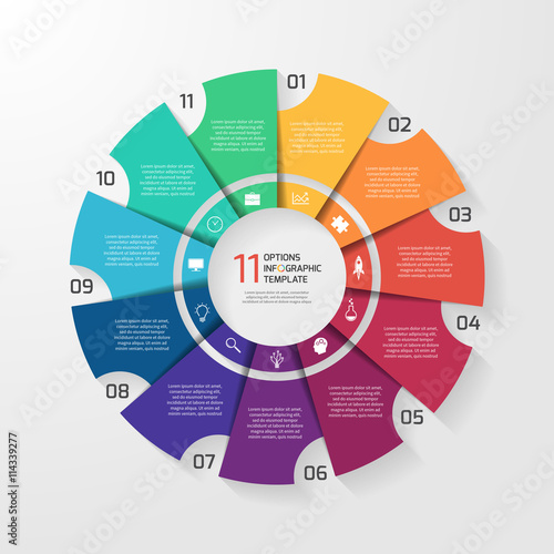 Vector circle infographic template for graphs, charts, diagrams. Pie chart concept with 11 options, parts, steps, processes.