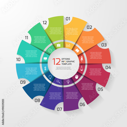 Vector circle infographic template for graphs, charts, diagrams. Pie chart concept with 12 options, parts, steps, processes.