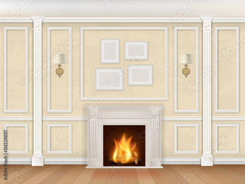 Classic interior wall with fireplace, sconces and pilasters. Vector realistic illustration. Interior background.