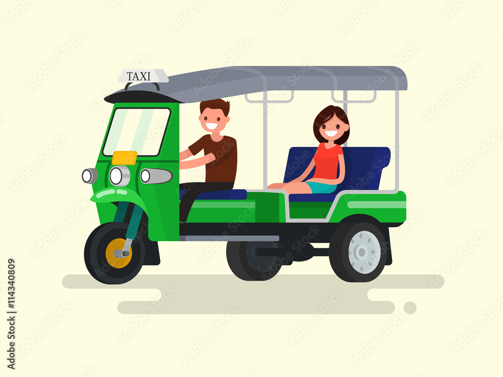 Driver and passenger three-wheeled tuk-tuk taxi. Vector illustra