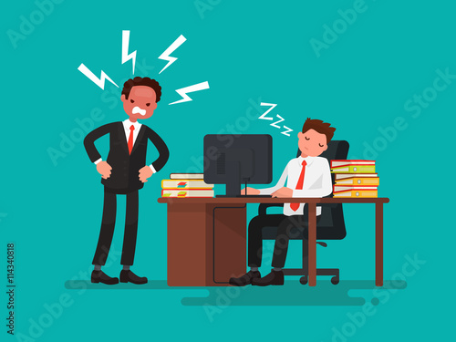 Tired office worker asleep at a desk next to it is an angry boss