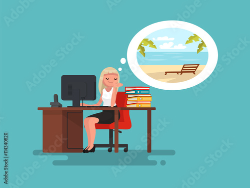 Woman at work daydreaming about summer vacation at sea. Vector 