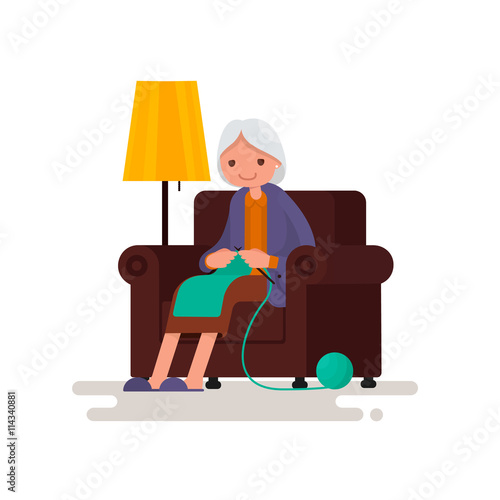 Grandmother knits sitting in a chair. Vector illustration of a flat design