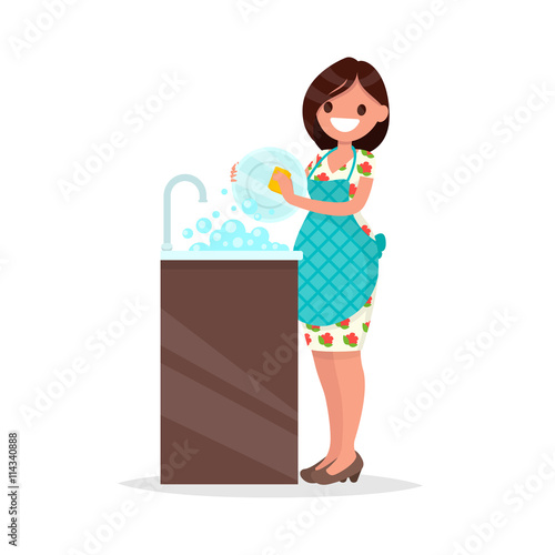 Housewife. The woman wearing in an apron is washing dishes. Vect