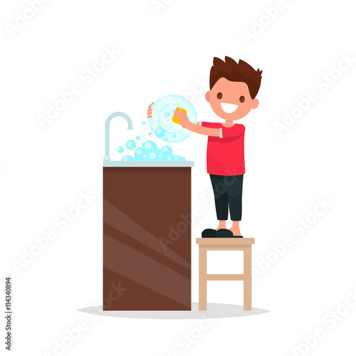 Mum's helper. The boy washes the dishes. Vector illustration