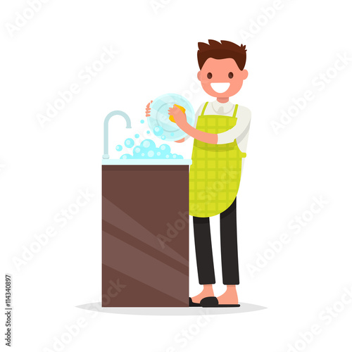 Smiling man dressed an apron is washing dish. Vector illustration