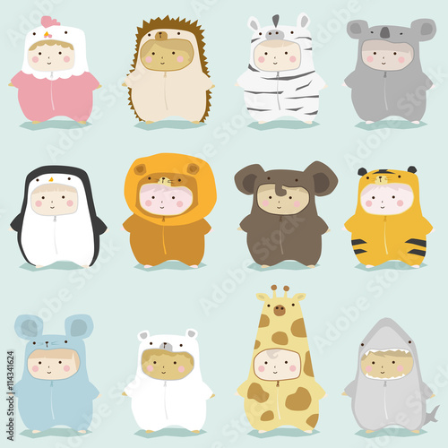 Set of kids in cute animal costumes 2 , vector , illustration
