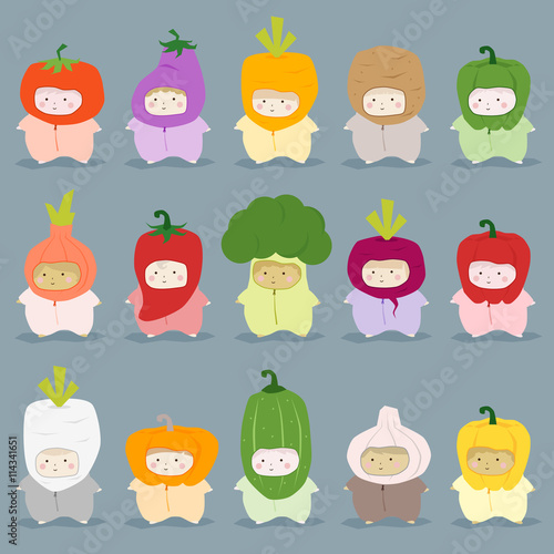 Set of kids in cute vegetable costumes, vector, illustration
