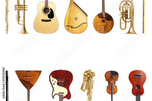 Collage of musical instruments isolated on white photo