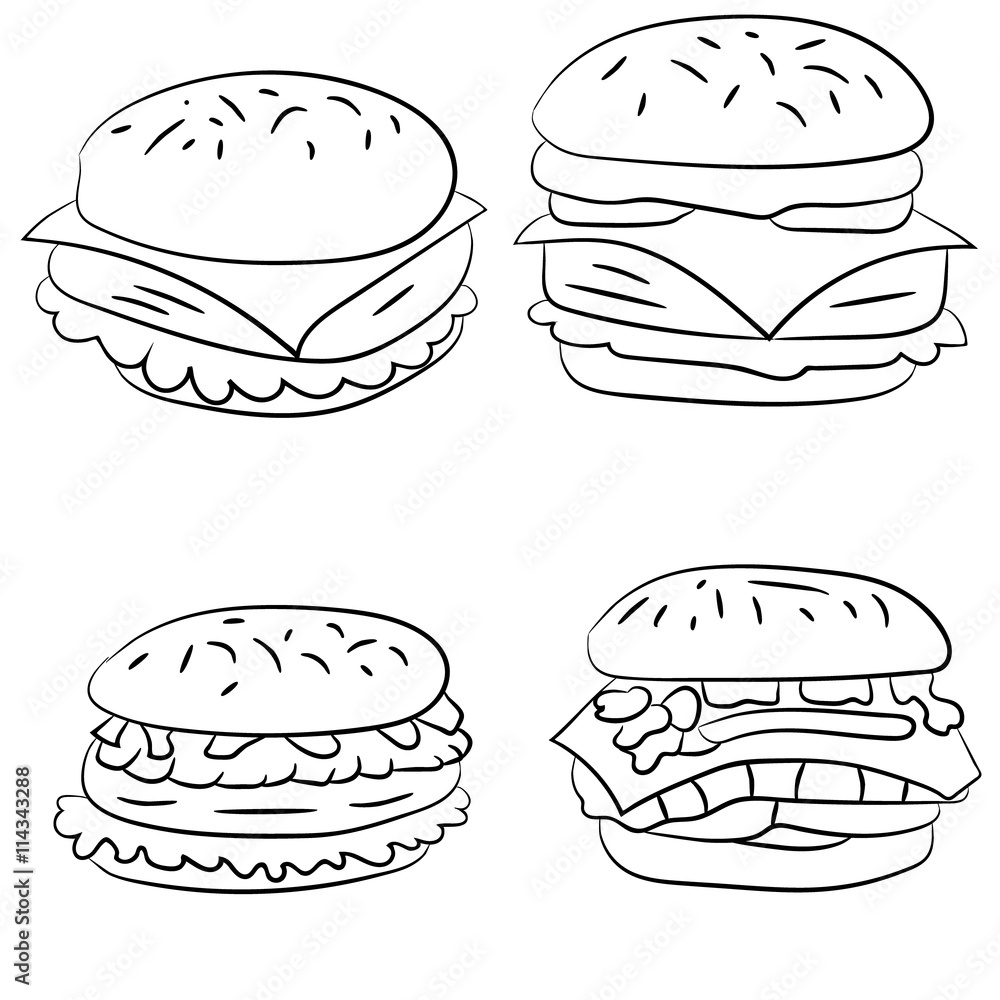 A set of illustrations of hamburgers, cheeseburgers, fast food A set of illustrations of hamburgers, cheeseburgers, fast food