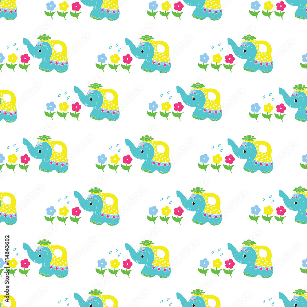 Beautiful multi-colored elephant watering the flowers seamless pattern