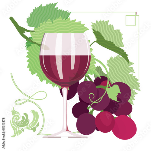 Glass of red wine, grapes, grape leaves, ornamental, flat illustration