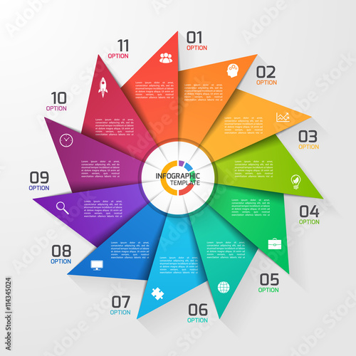 Windmill style circle infographic template for graphs, charts, diagrams. Business, education and industry concept with 11 options, parts, steps, processes.