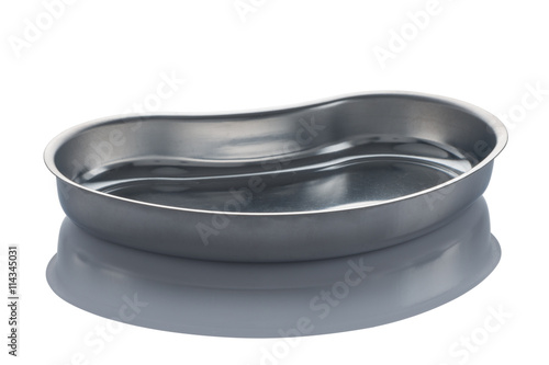 Tray from stainless steel for surgical tools isolated on a white background