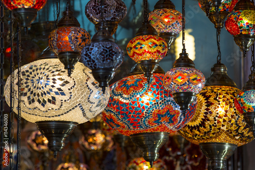 Photography traditional Asian lanterns of colored glass on the market