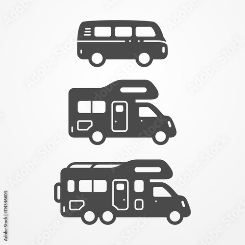 Collection of camping van icons. Travel van symbols in silhouette style. Camping vans vector stock illustration. Vans and RVs with camping equipment.
