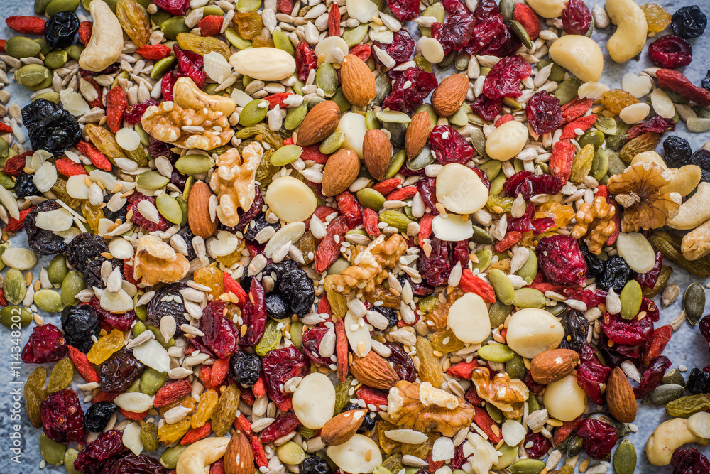 mixed superfoods on slate background