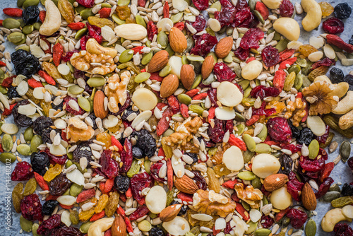 mixed superfoods on slate background