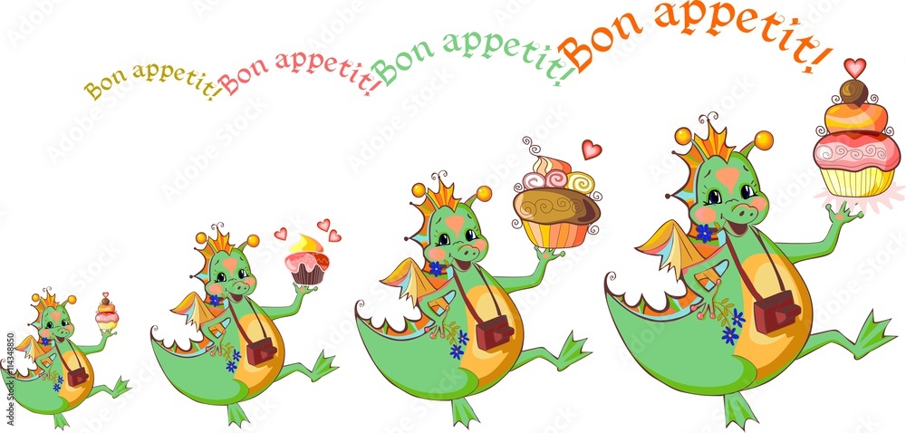 Happy dragons with cupcakes wish bon appetit. Vector illustration