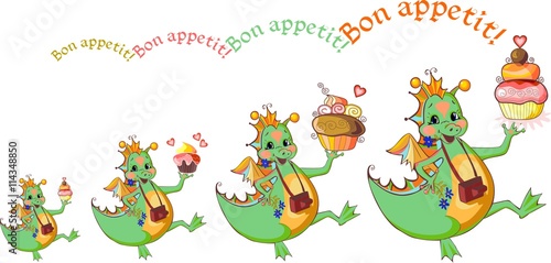 Fototapeta Naklejka Na Ścianę i Meble -  Happy dragons with cupcakes wish bon appetit. Vector illustration
