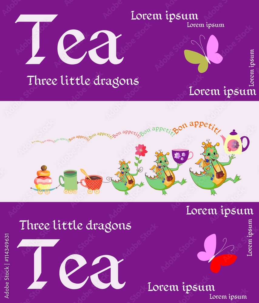 Tea packaging. Cute card with little dragons, teapot, cups, cupcake, butterflies and place for text. Vector illustration. Tea packaging. Cute card with little dragons, teapot, cups, cupcake, butterflies and place for text. Vector illustration.