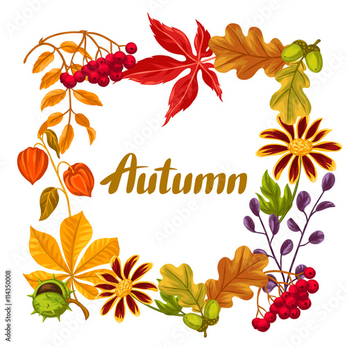 Frame with autumn leaves and plants. Design for advertising booklets, banners, flayers, cards