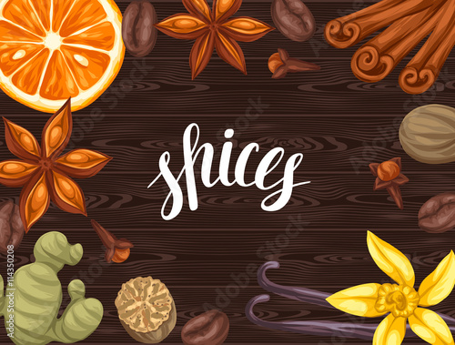 Background design with various spices. Illustration of anise, cloves, vanilla, ginger and cinnamon