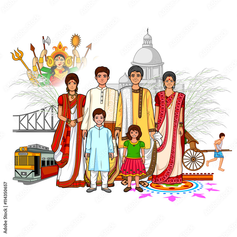 vetor-de-bengali-family-showing-culture-of-west-bengal-india-do-stock