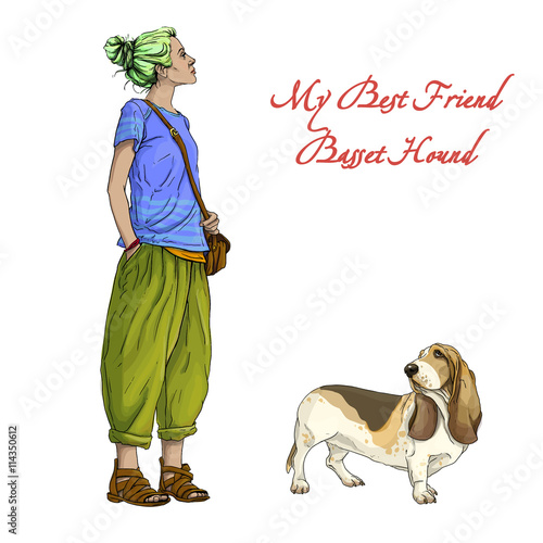 Young beautiful woman girl with best friend basset hound dog