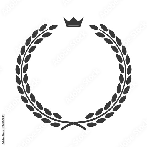 Laurel wreath icon with crown. Symbol of victory and achievement. Design element for medals, awards, coat of arms or anniversary logo. Gray silhouette isolated on white background. Vector illustration