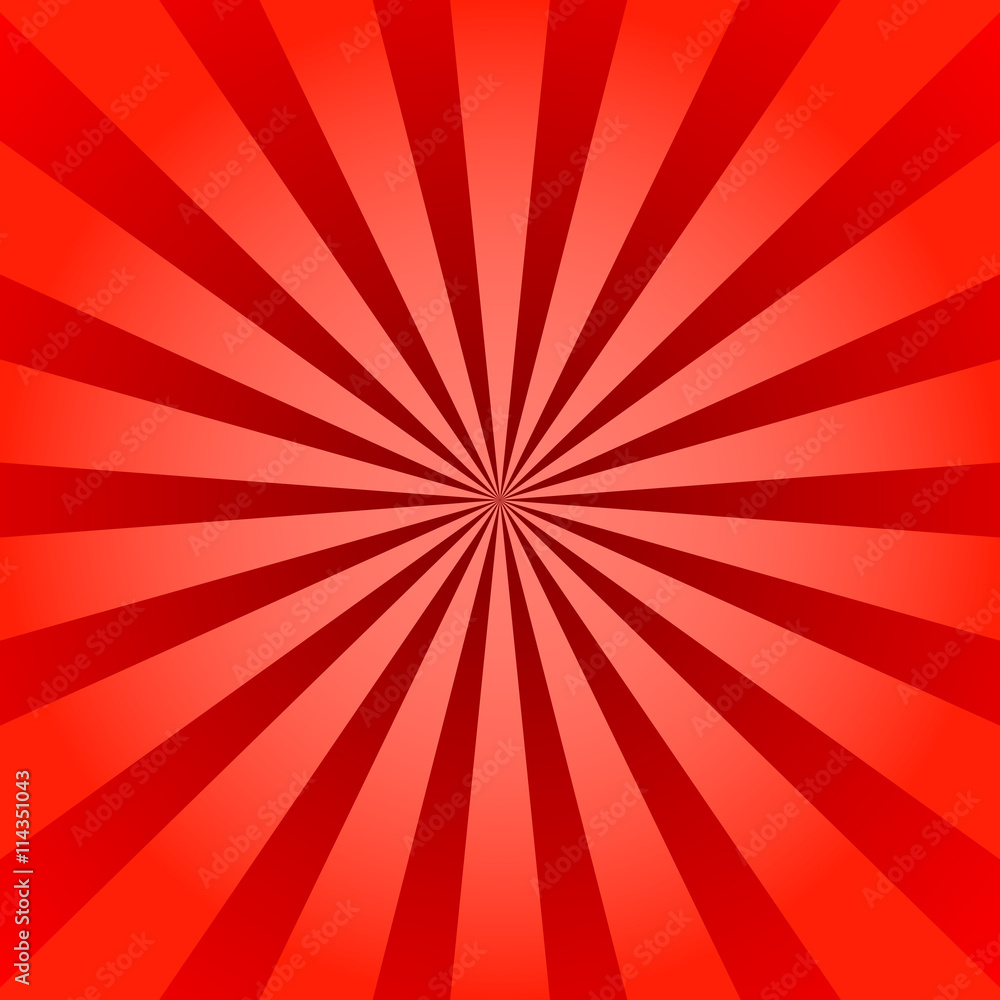 Red rays poster. Popular ray star burst background television vintage. Dark-red and light-red abstract texture with sunburst, flare, beam. Retro art design. Sun glow bright pattern Vector Illustration