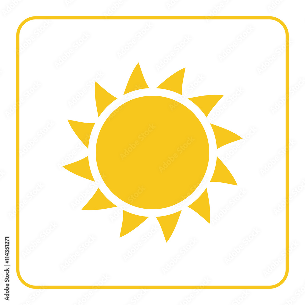 Sun icon. Light sign with sunbeams. Yellow design element, isolated on white background. Symbol of sunrise, heat, sunny and sunset, sunlight. Flat modern style for weather forecast Vector Illustration Sun icon. Light sign with sunbeams. Yellow design element, isolated on white background. Symbol of sunrise, heat, sunny and sunset, sunlight. Flat modern style for weather forecast Vector Illustration