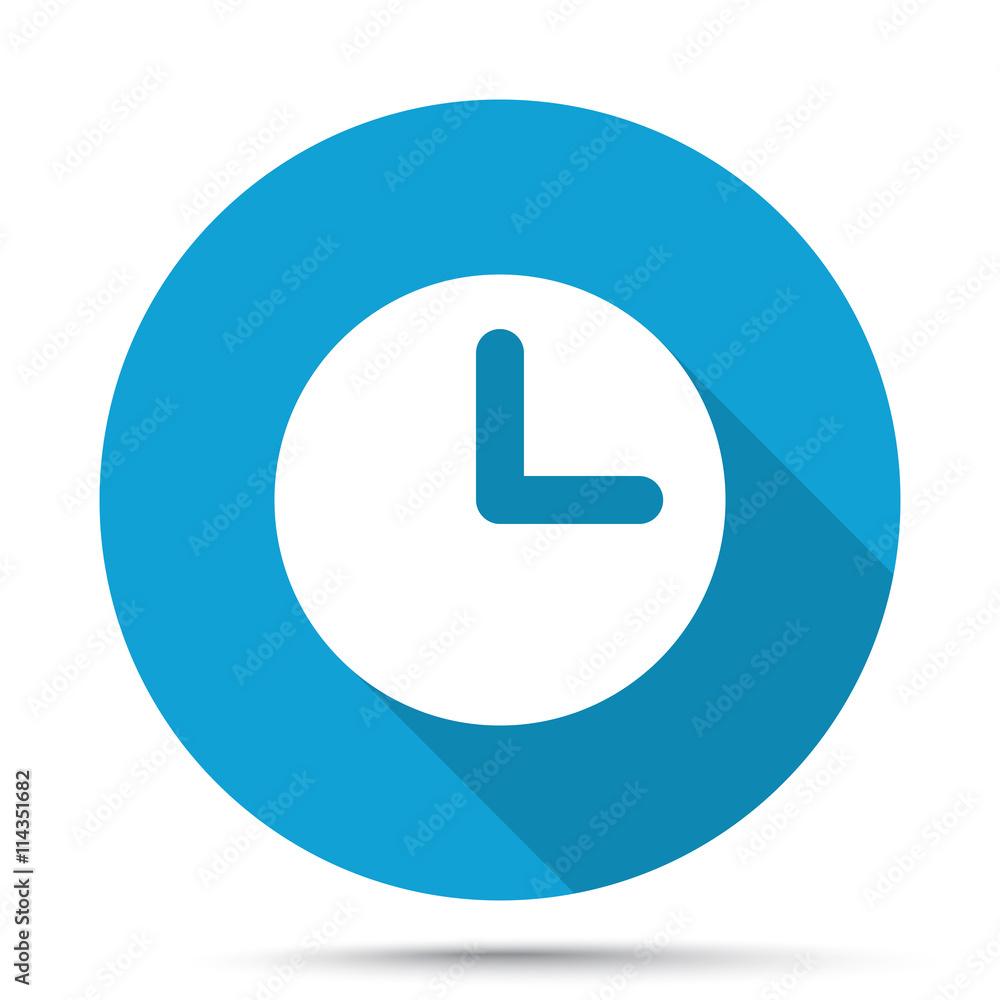 White Clock icon on blue button isolated on white White Clock icon on blue button isolated on white