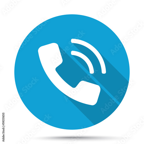 White Phone icon on blue button isolated on white