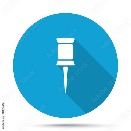 White Pushpin icon on blue button isolated on white