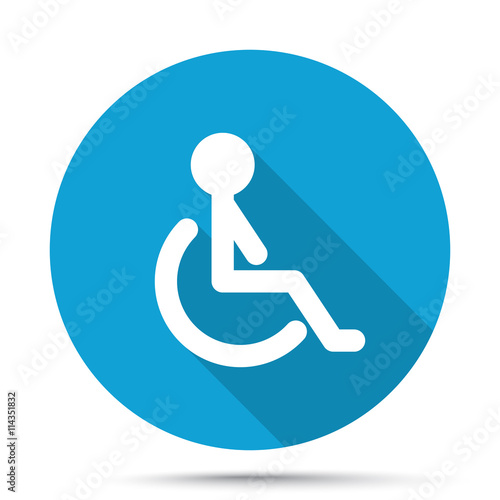 White Wheel Chair icon on blue button isolated on white
