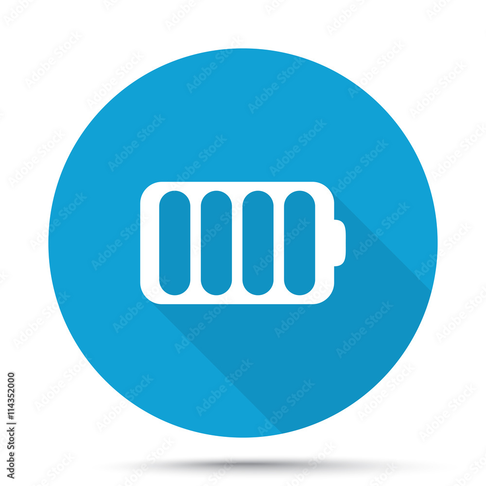 White Battery icon on blue button isolated on white