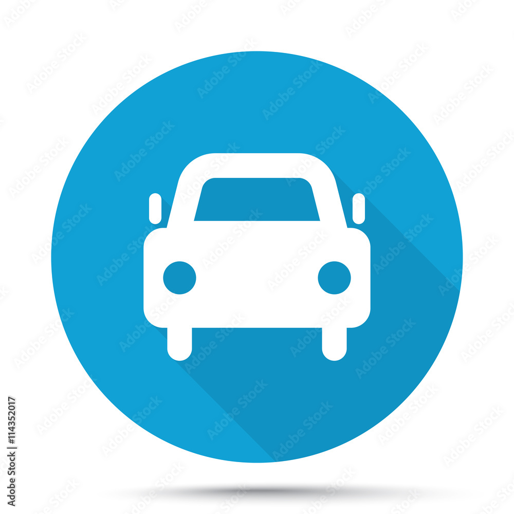 White Car icon on blue button isolated on white White Car icon on blue button isolated on white