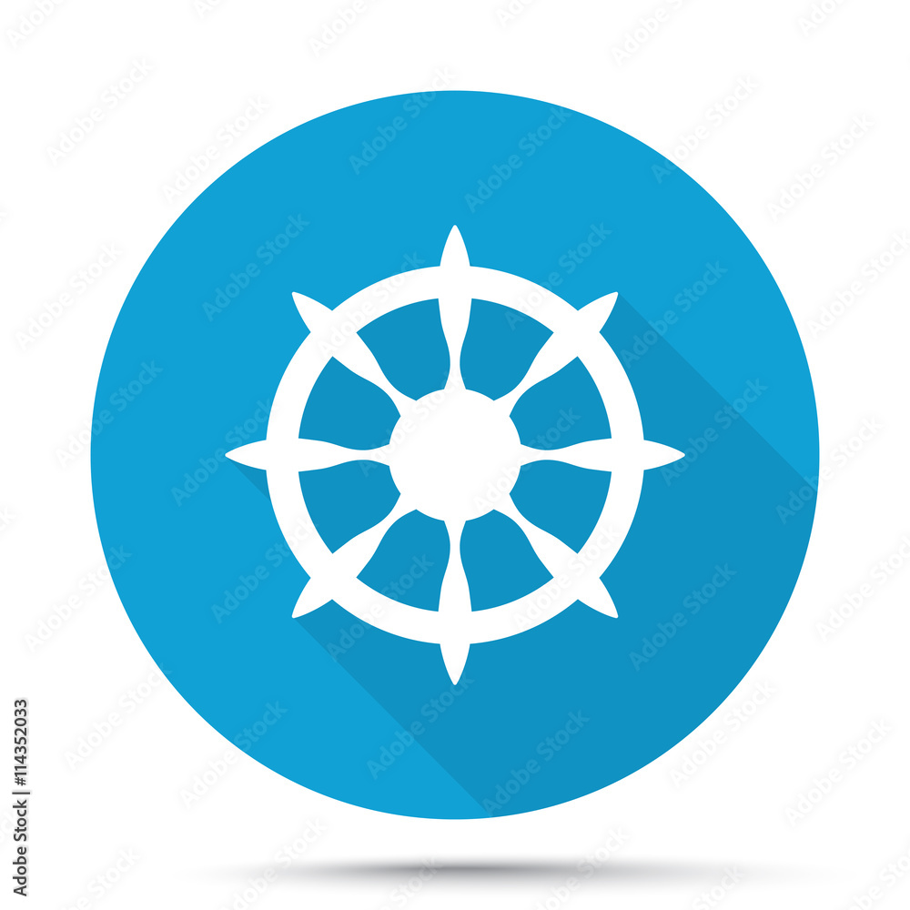 White Boat Wheel icon on blue button isolated on white