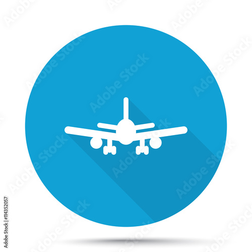 White Airplane icon on blue button isolated on white