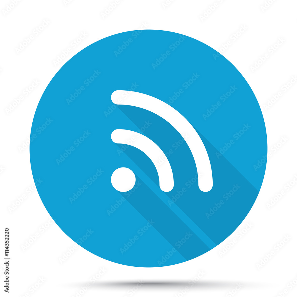 White Rss icon on blue button isolated on white White Rss icon on blue button isolated on white