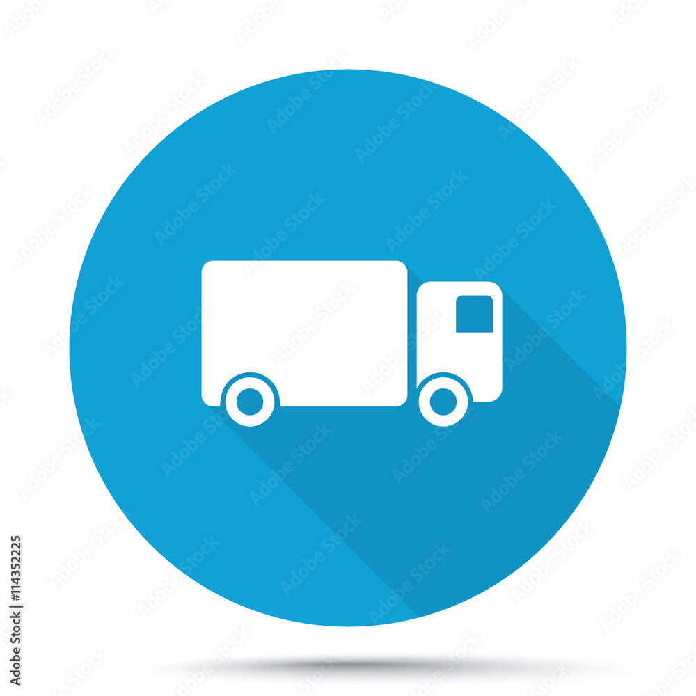 White Delivery Truck icon on blue button isolated on white White Delivery Truck icon on blue button isolated on white