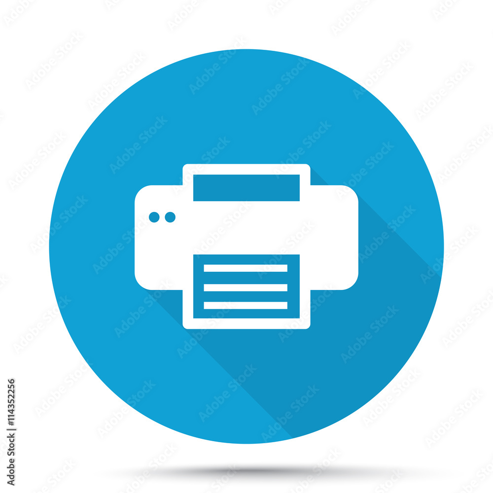 White Printer icon on blue button isolated on white White Printer icon on blue button isolated on white