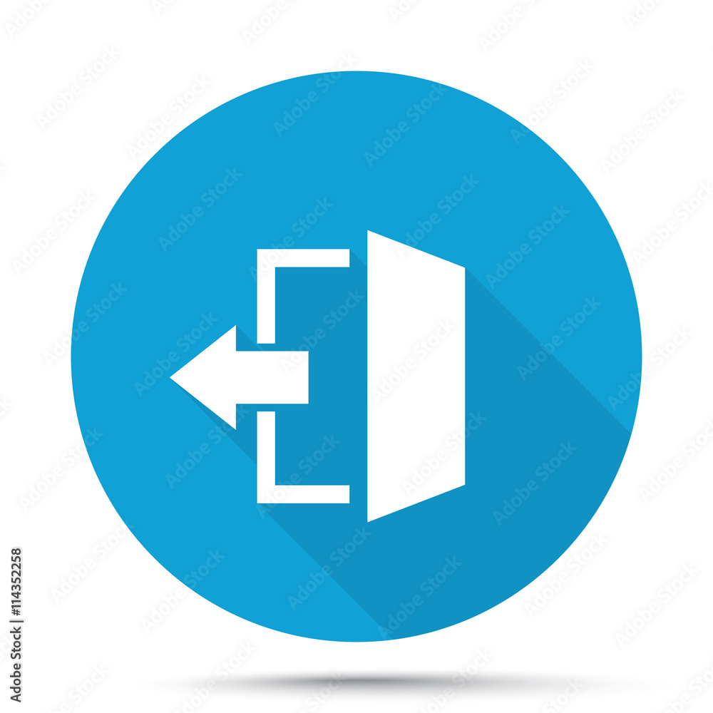 White Exit icon on blue button isolated on white White Exit icon on blue button isolated on white