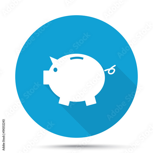 White Piggy Bank icon on blue button isolated on white