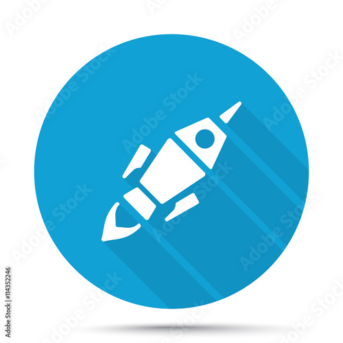 White Rocket Launch icon on blue button isolated on white
