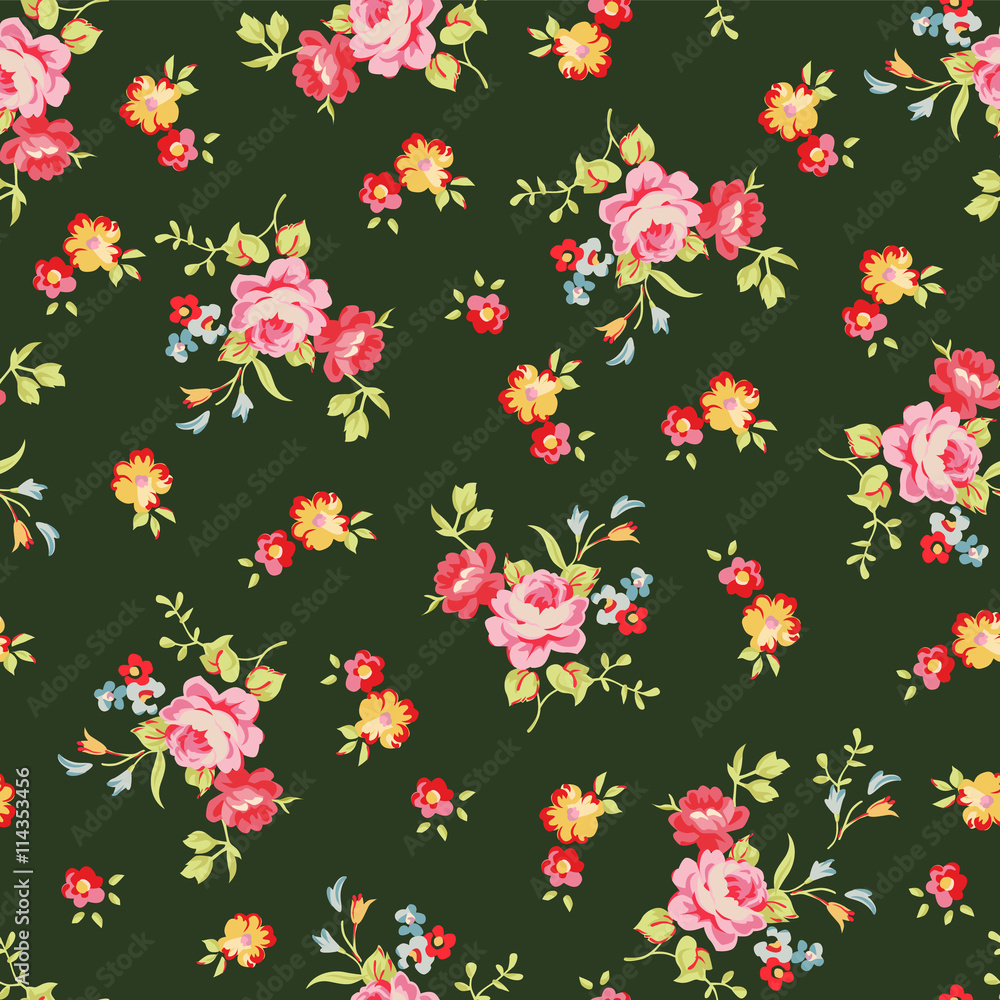 Obraz premium Seamless floral pattern with little pink roses, on black background.