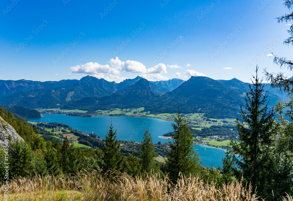Aerial view of Wolfgangsee lake from Schafberg, Austria