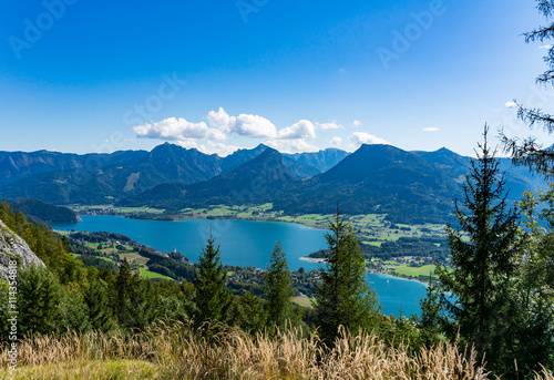 Aerial view of Wolfgangsee lake from Schafberg, Austria