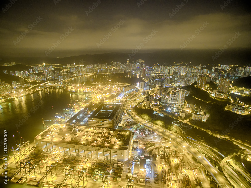 Aerial view of Hong Kong Night Scene, Kwai Chung, Victoria Harbour, Stonecutters' Bridge
